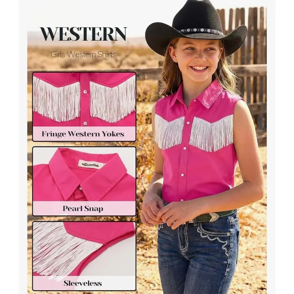 Girls Fringe Western Shirt Pearl Snap Button Down Cowgirl Outfits Sleeveless 7/8